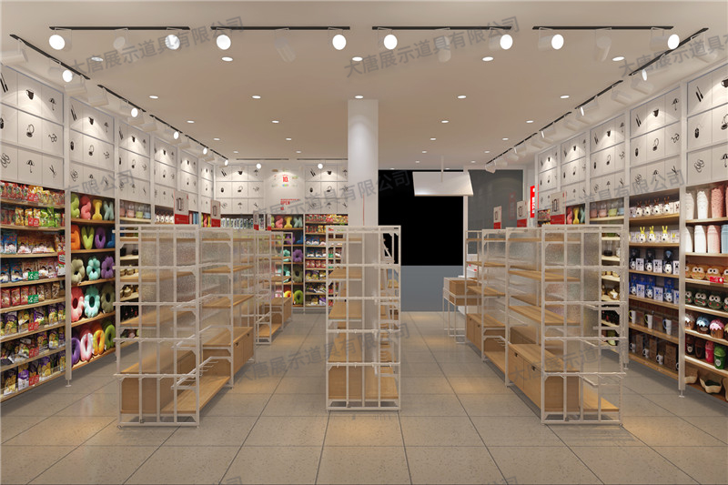 蘿崗精品百貨店貨架,名創優品貨架,鋼木貨架